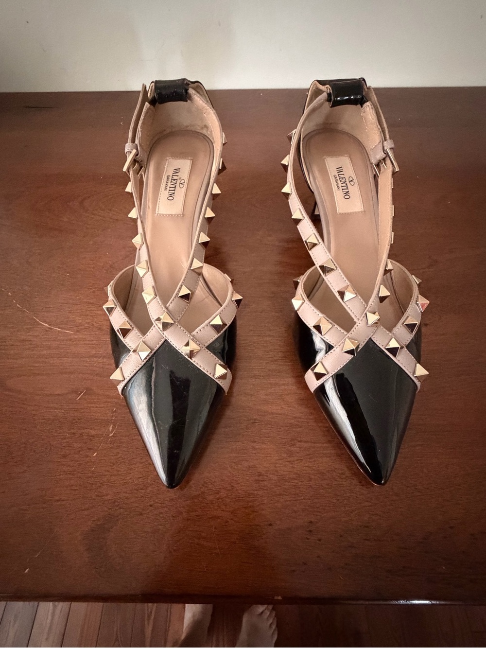Valentino Black Patent Pointed-Toe Studded T-Strap Pumps